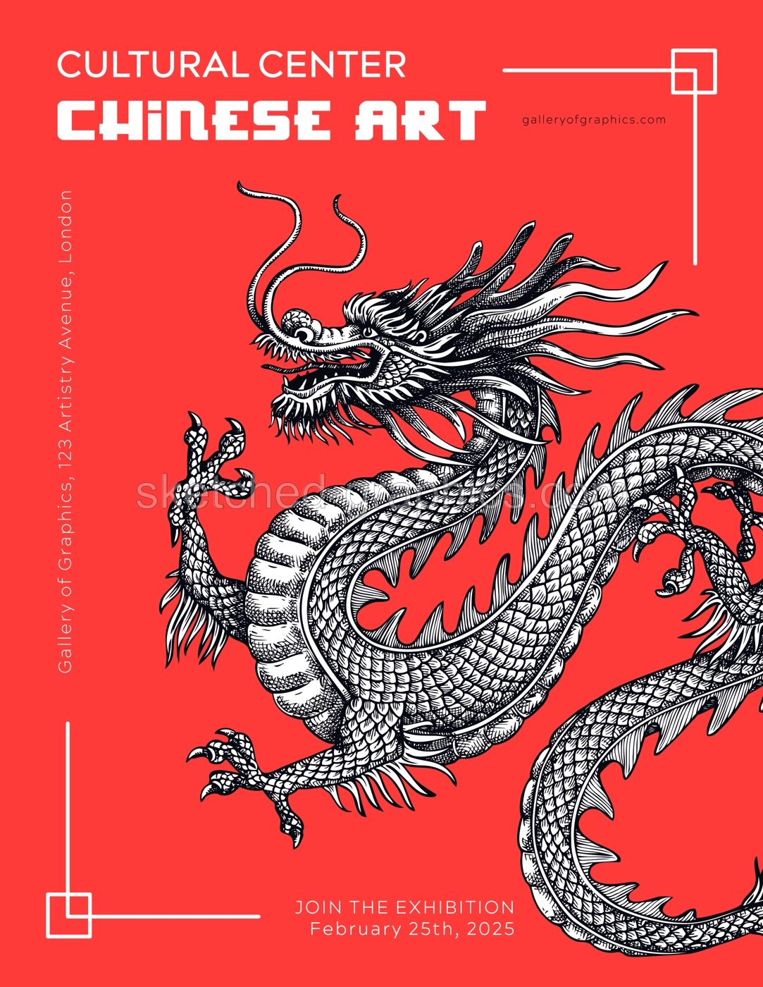 China style flyer design template. Chinese dragon hand-drawn vector illustration. NOT AI generated Illustration